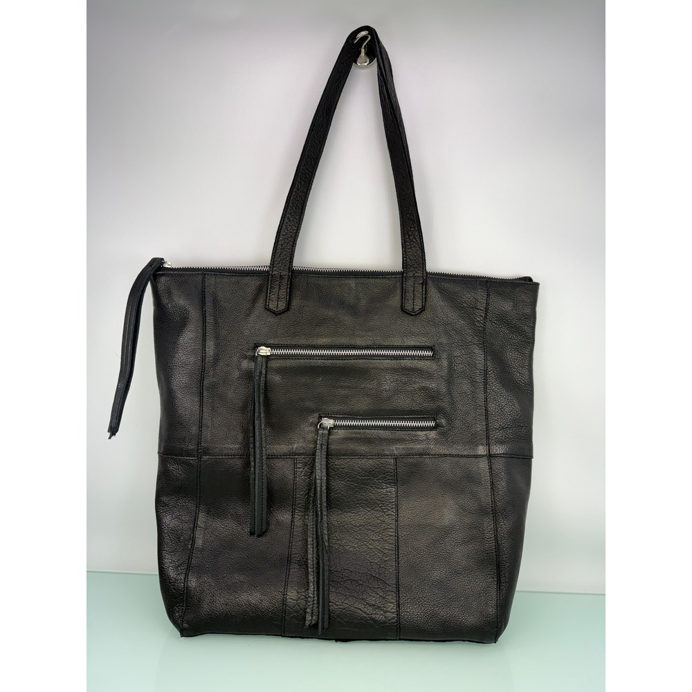 Anthropology Day & Mood Black Pebbled Leather Tote Zipper Tassel Shoulder Bag